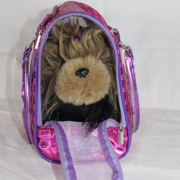 Battat Pucci Pups Carrier Yorkshire Terrier Pink Polka Dot Gold Flowers Zippers - Picture 3 of 16